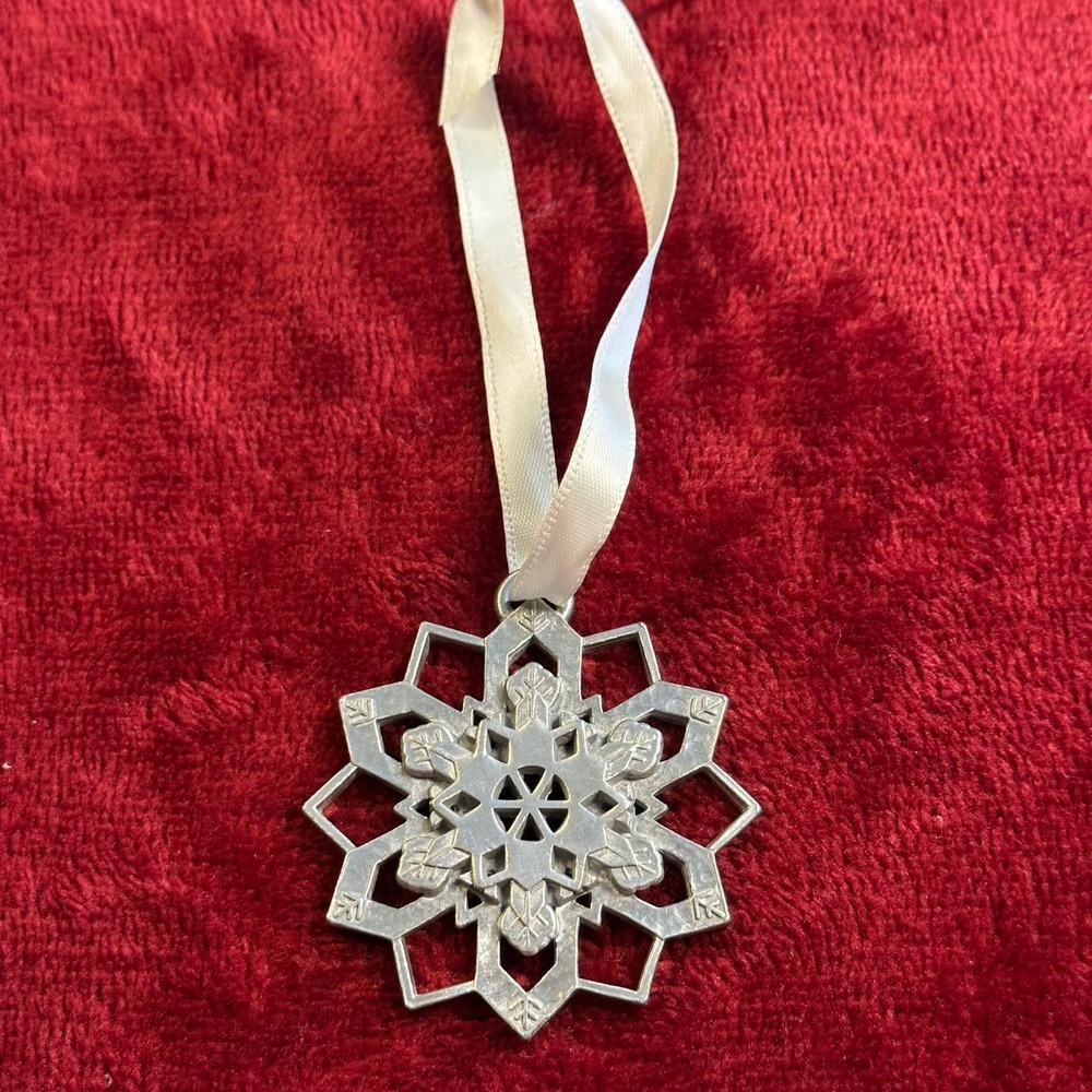 Silver Tone Multi Layered Snowflake Christmas Ornament with White Ribbon Hanging